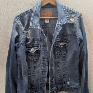 True Religion Denim Jacket Womens Large L Blue Distressed Faded Snap Adult